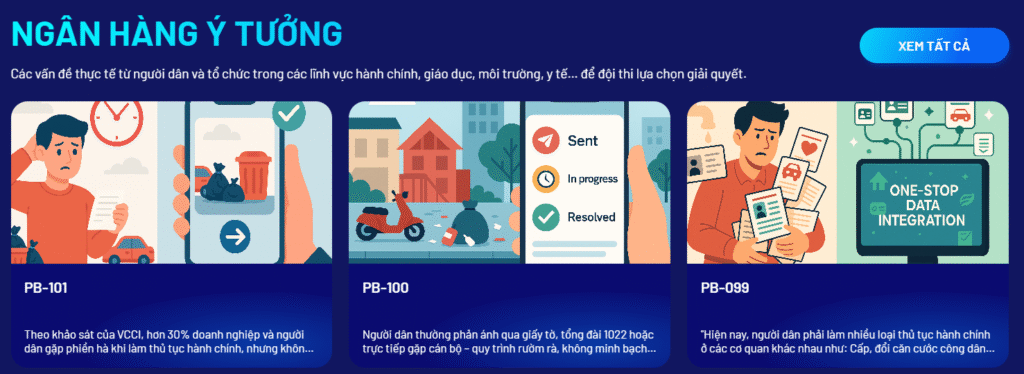 Ngân hàng ý tưởng trong cuộc thi Data for Life – Hack for Growth 2025, giới thiệu các vấn đề thực tế về hành chính, giáo dục, môi trường, y tế để đội thi lựa chọn và phát triển giải pháp.