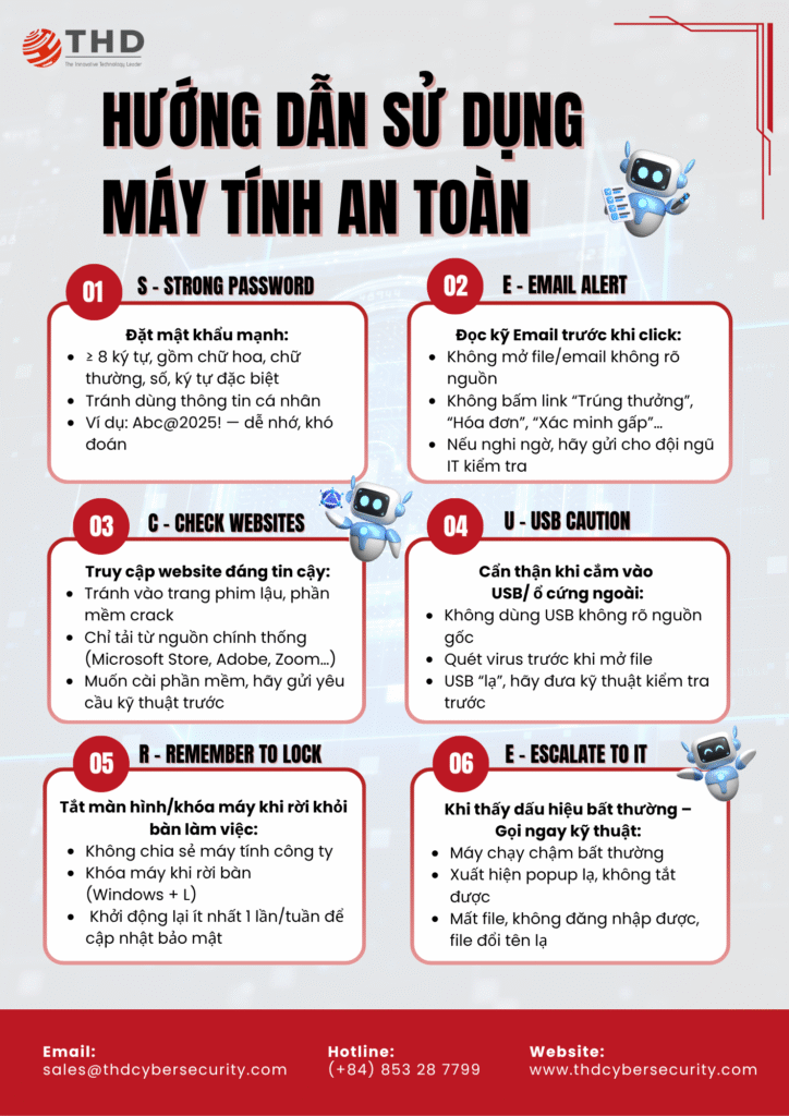 Hướng dẫn sử dụng máy tính an toàn tại THD Cyber Security – hướng dẫn đặt mật khẩu mạnh, cảnh giác email, kiểm tra website, cẩn trọng khi dùng USB, khóa máy tính khi rời bàn và báo IT khi gặp sự cố.